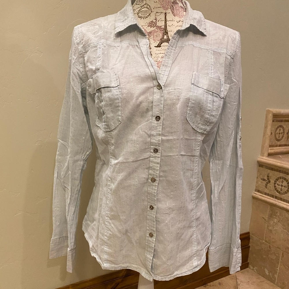 📌2/$20📌 Blue Pin-Striped Button Up Fitted Blouse